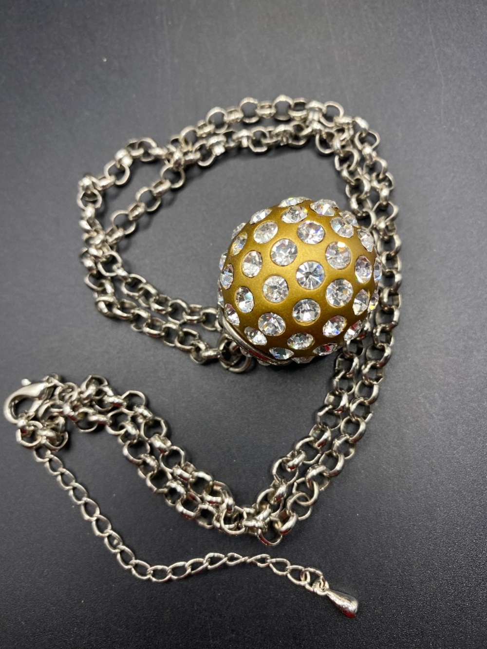 Gold Disco Ball With Rhinestones Pendant Silver Tone Chain Necklace - Picture 8 of 10